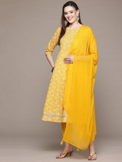 Anarkali Style Cotton Fabric Mustard Color Kurta With Bottom And Dupatta