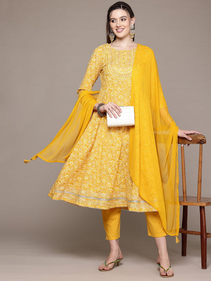 Anarkali Style Cotton Fabric Mustard Color Kurta With Bottom And Dupatta