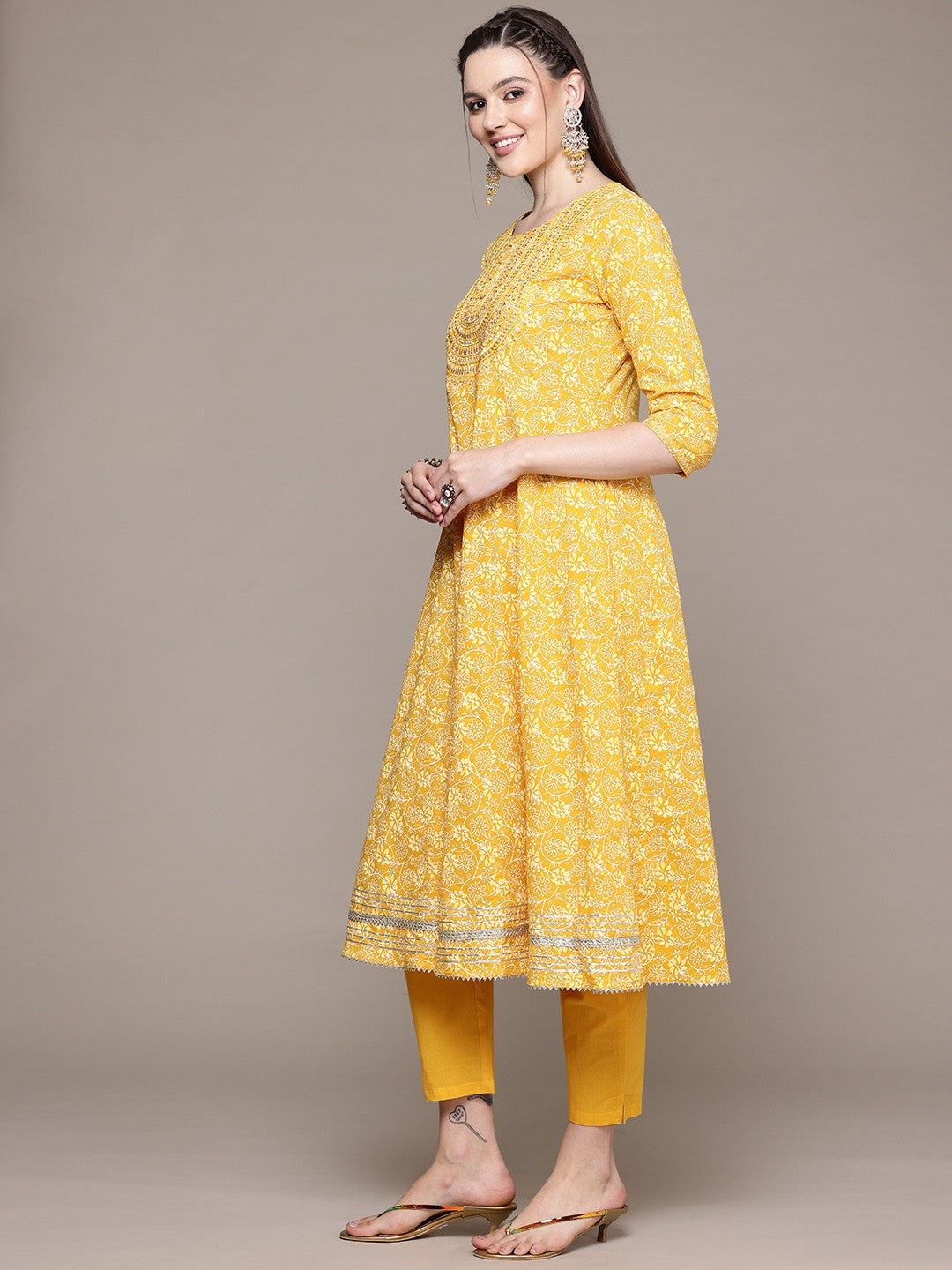 Anarkali Style Cotton Fabric Mustard Color Kurta With Bottom And Dupatta