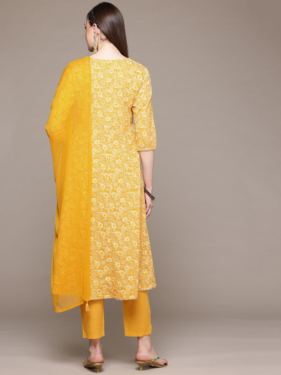 Anarkali Style Cotton Fabric Mustard Color Kurta With Bottom And Dupatta