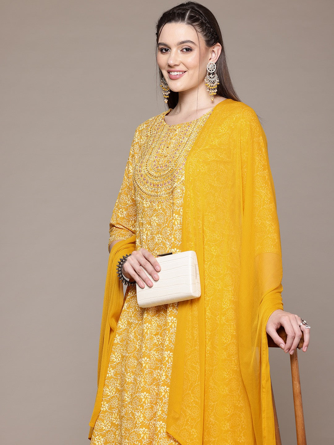 Anarkali Style Cotton Fabric Mustard Color Kurta With Bottom And Dupatta