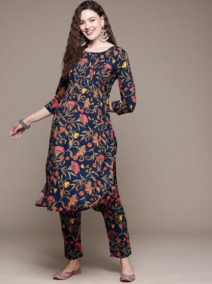 Straight Style Cotton Fabric Navy Blue Color Kurta With Bottom