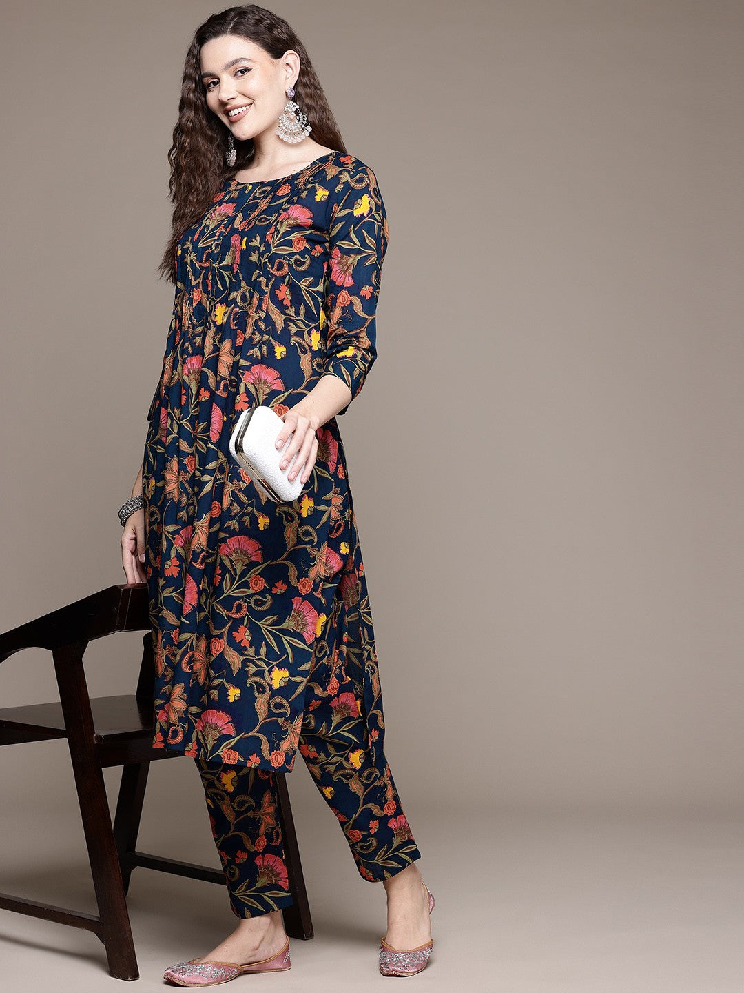 Straight Style Cotton Fabric Navy Blue Color Kurta With Bottom