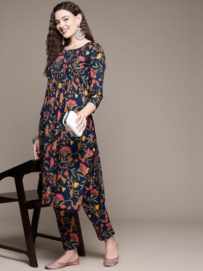 Straight Style Cotton Fabric Navy Blue Color Kurta With Bottom