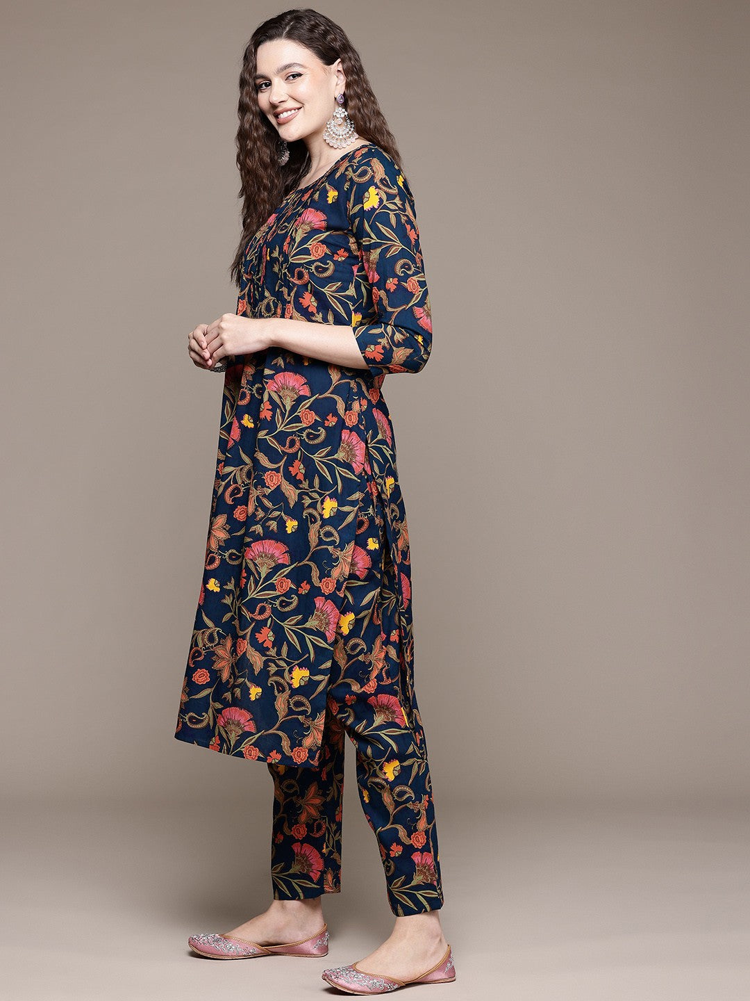 Straight Style Cotton Fabric Navy Blue Color Kurta With Bottom