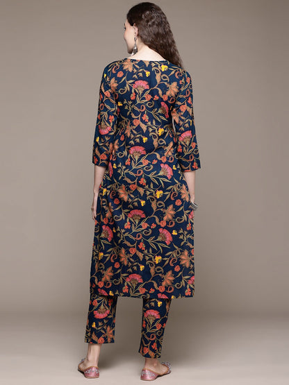 Straight Style Cotton Fabric Navy Blue Color Kurta With Bottom