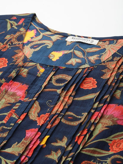 Straight Style Cotton Fabric Navy Blue Color Kurta With Bottom