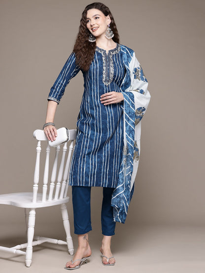 Straight Style Cotton Fabric Blue Color Kurta With Bottom And Dupatta