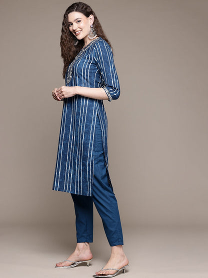 Straight Style Cotton Fabric Blue Color Kurta With Bottom And Dupatta