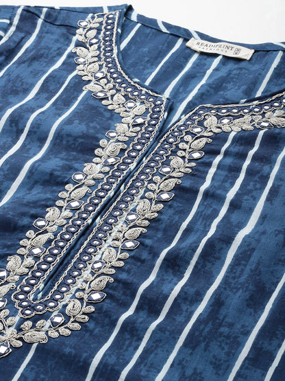 Straight Style Cotton Fabric Blue Color Kurta With Bottom And Dupatta