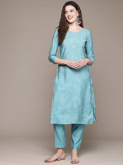 Straight Style Silk Fabric Blue Color Kurta With Bottom
