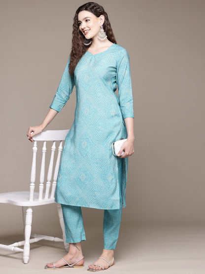 Straight Style Silk Fabric Blue Color Kurta With Bottom