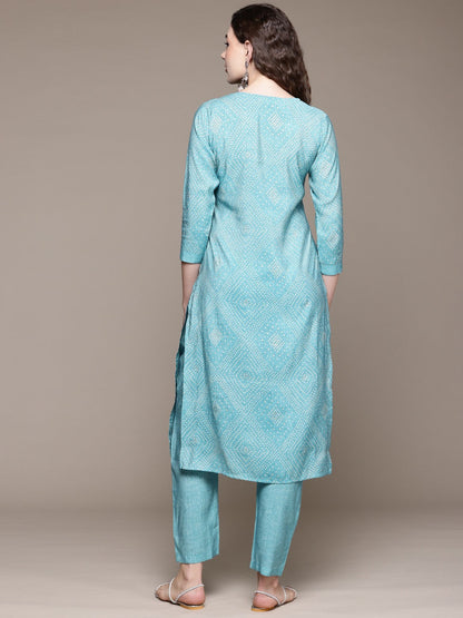 Straight Style Silk Fabric Blue Color Kurta With Bottom