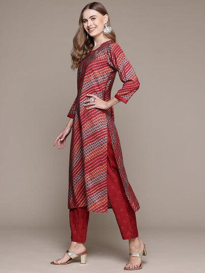 Straight Style Silk Fabric Red Color Kurta With Bottom