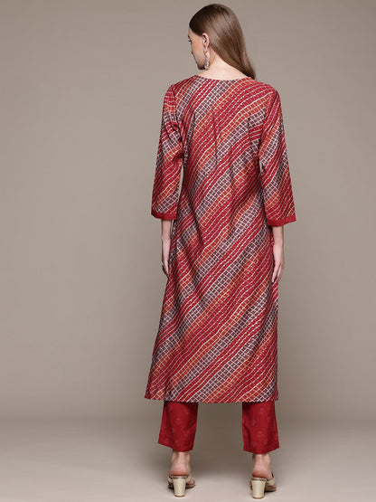 Straight Style Silk Fabric Red Color Kurta With Bottom
