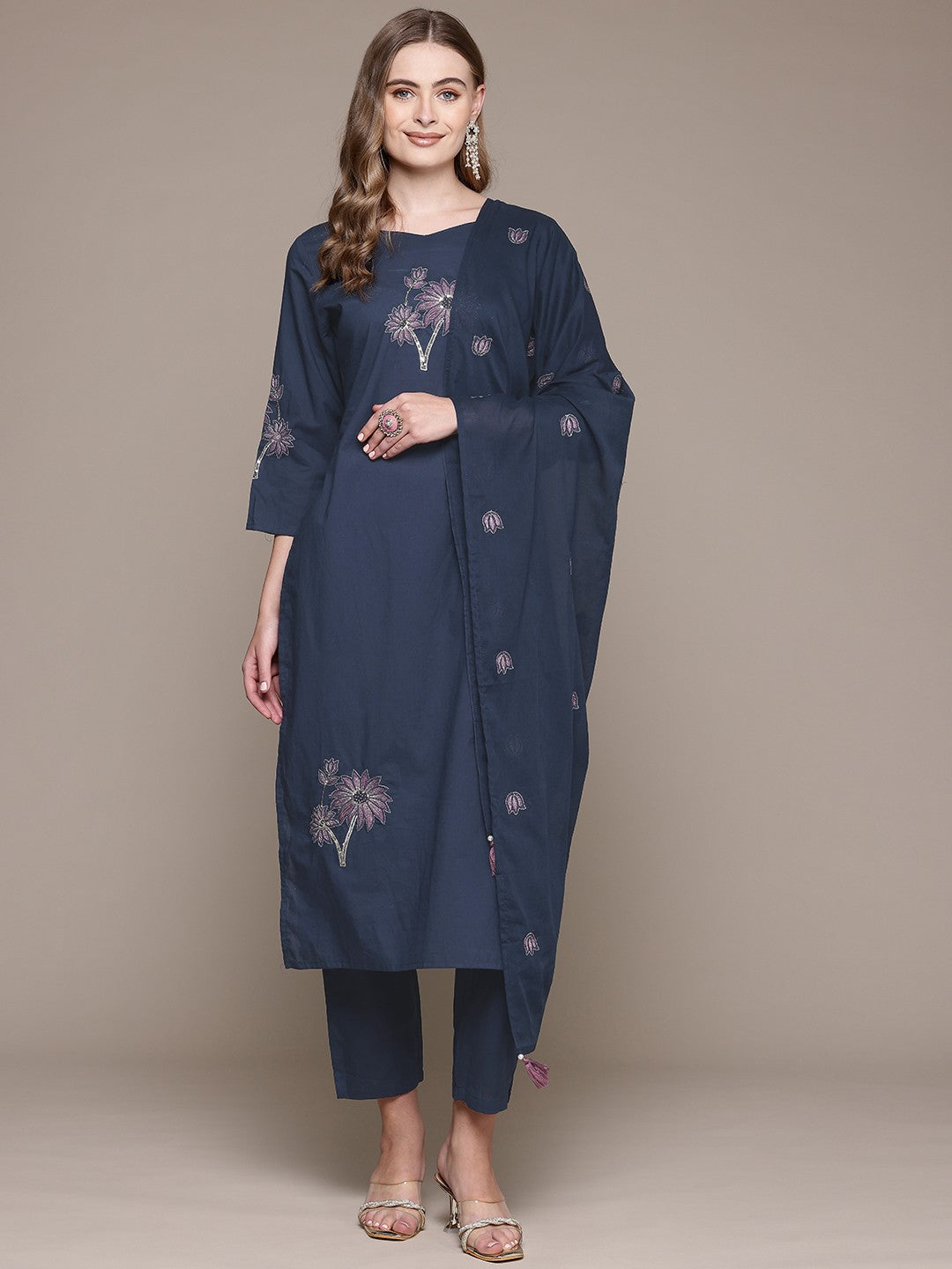 Straight Style Cotton Fabric Blue Color Kurta With Bottom And Dupatta
