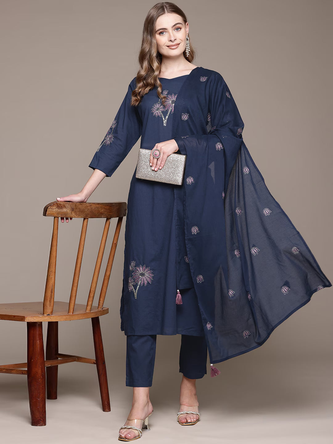Straight Style Cotton Fabric Blue Color Kurta With Bottom And Dupatta