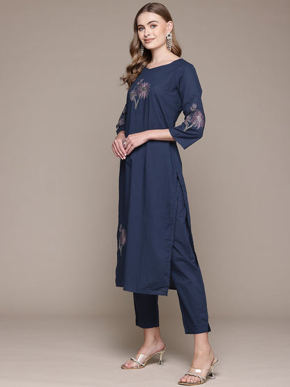 Straight Style Cotton Fabric Blue Color Kurta With Bottom And Dupatta