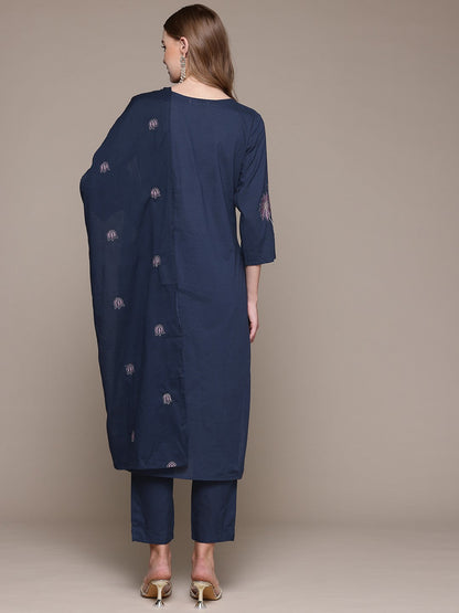 Straight Style Cotton Fabric Blue Color Kurta With Bottom And Dupatta