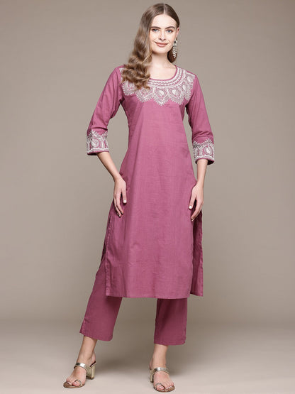 Straight Style Cotton Fabric Pink Color Kurta With Bottom