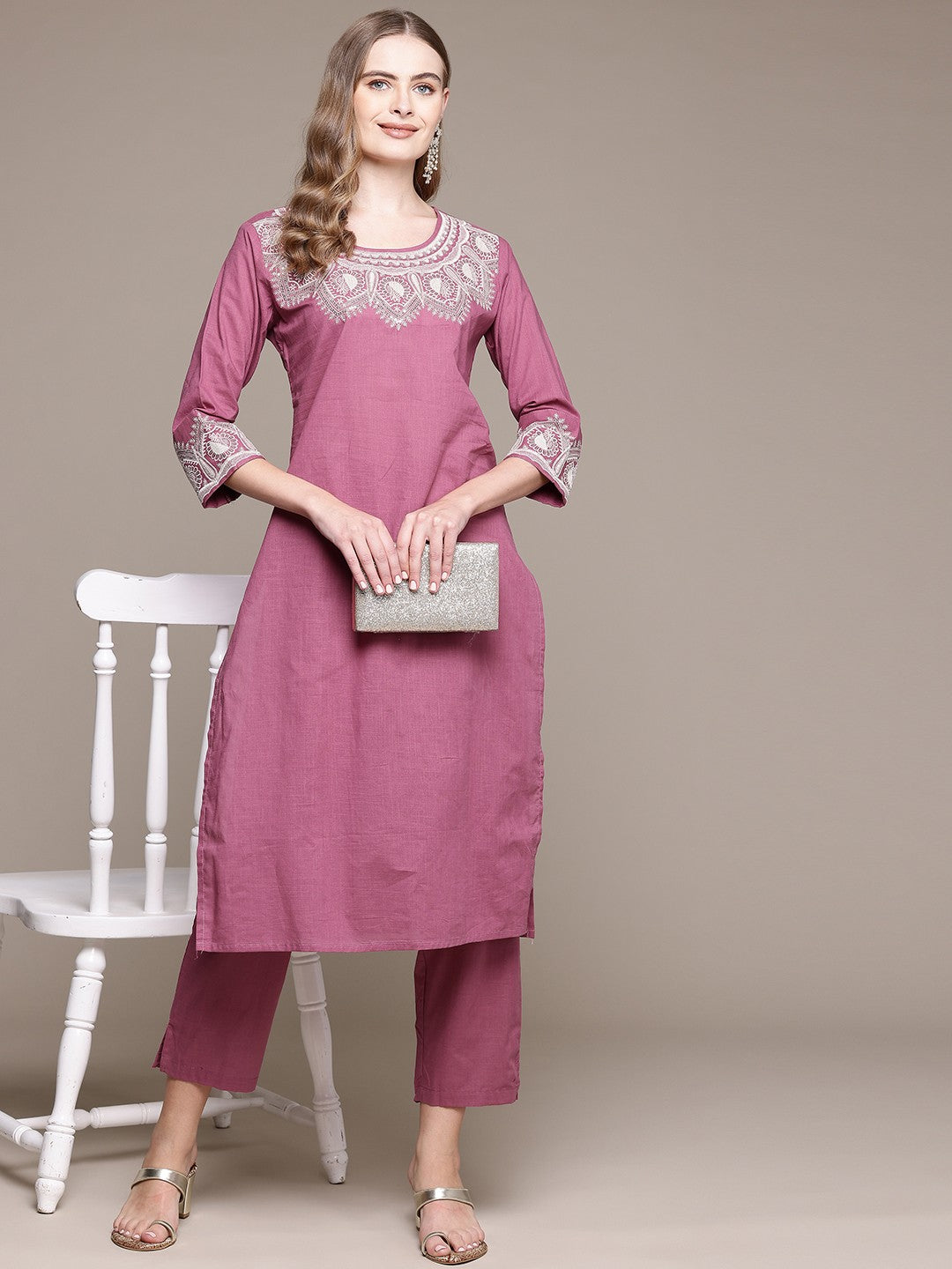 Straight Style Cotton Fabric Pink Color Kurta With Bottom