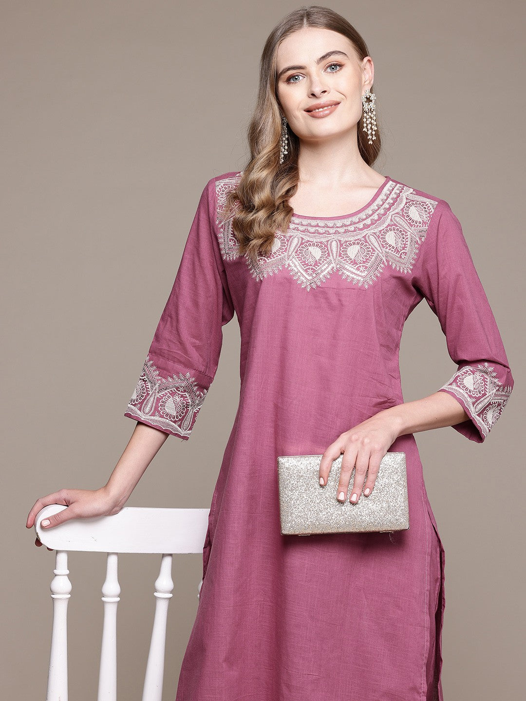 Straight Style Cotton Fabric Pink Color Kurta With Bottom