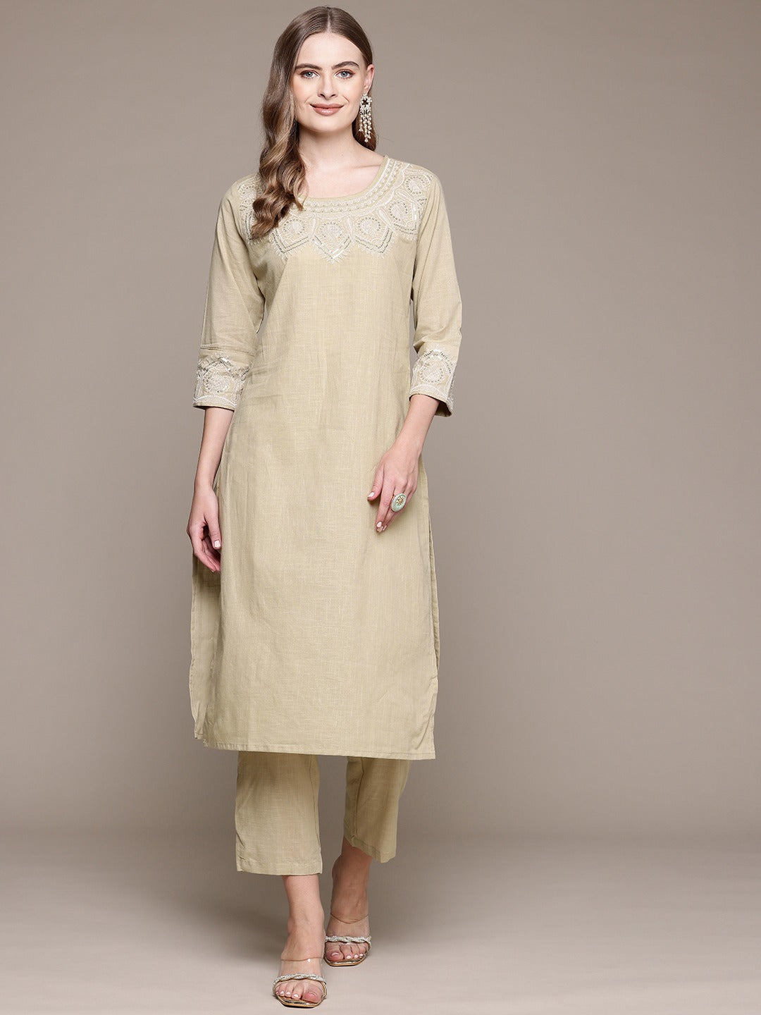 Straight Style Cotton Fabric Beige Color Kurta With Bottom