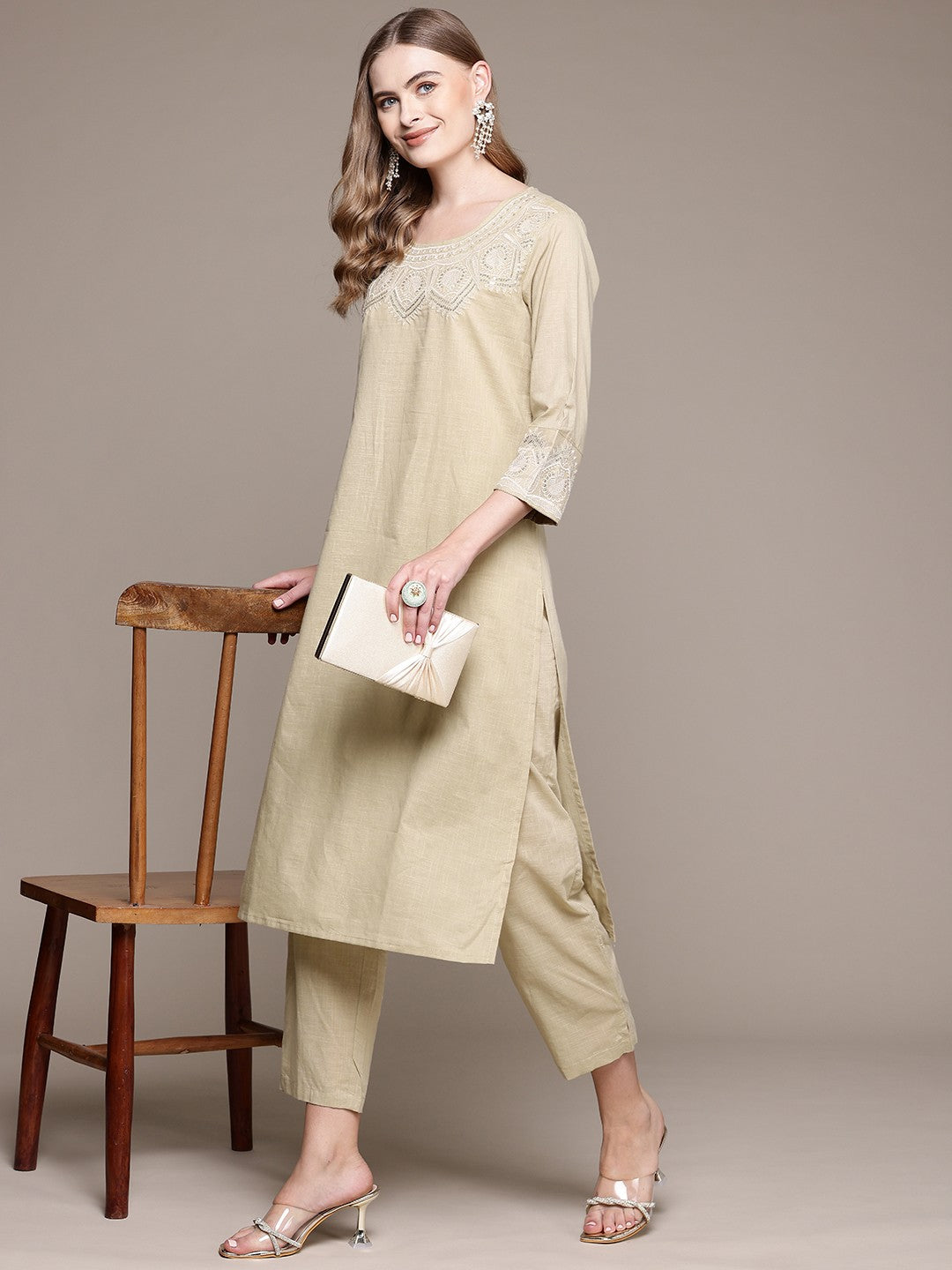 Straight Style Cotton Fabric Beige Color Kurta With Bottom