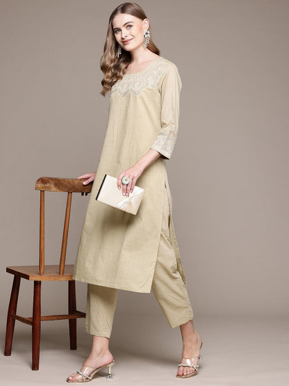 Straight Style Cotton Fabric Beige Color Kurta With Bottom