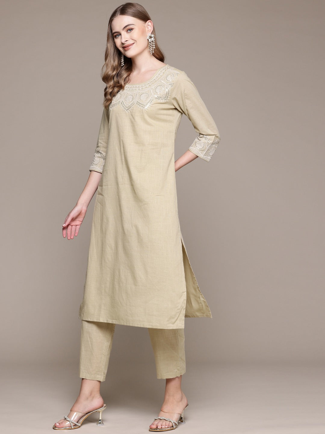 Straight Style Cotton Fabric Beige Color Kurta With Bottom