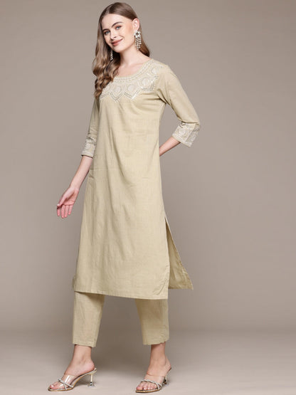 Straight Style Cotton Fabric Beige Color Kurta With Bottom