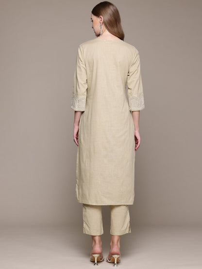 Straight Style Cotton Fabric Beige Color Kurta With Bottom