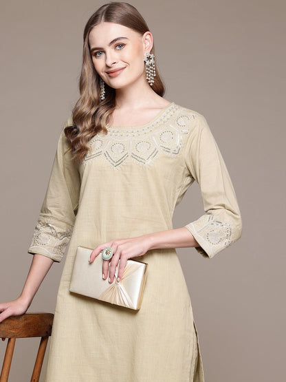 Straight Style Cotton Fabric Beige Color Kurta With Bottom