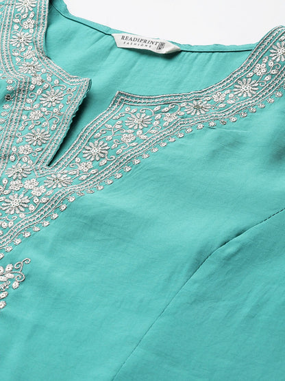 Straight Style Silk Fabric Turquoise Blue Color Kurta With Bottom