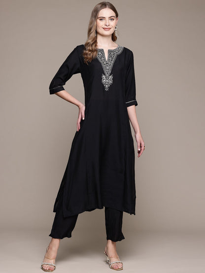 Straight Style Silk Fabric Black Color Kurta With Bottom