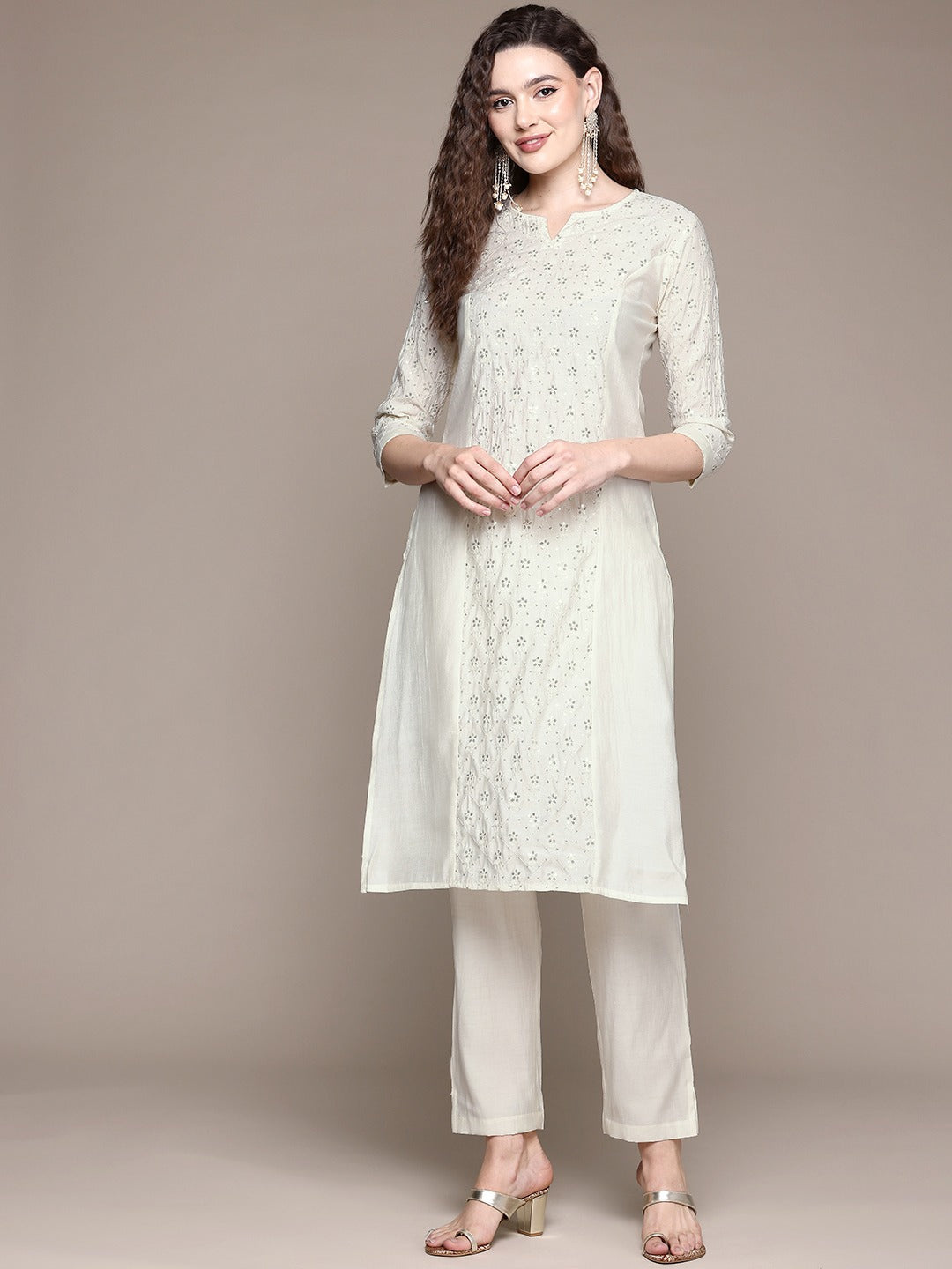 Straight Style Silk Fabric White Color Kurta With Bottom