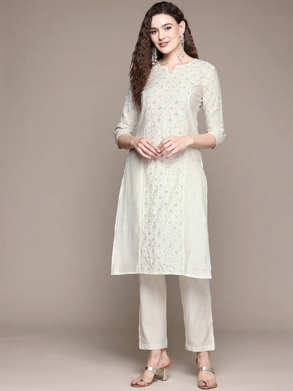 Straight Style Silk Fabric White Color Kurta With Bottom