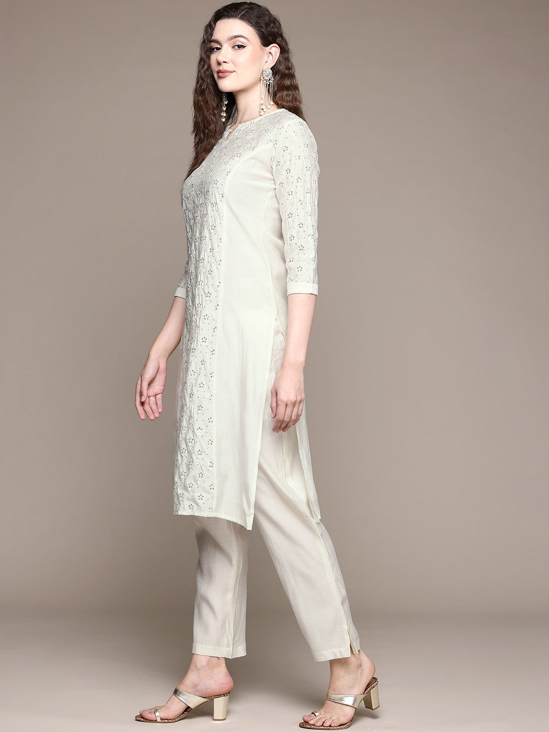 Straight Style Silk Fabric White Color Kurta With Bottom
