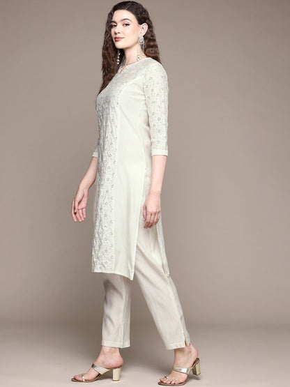 Straight Style Silk Fabric White Color Kurta With Bottom