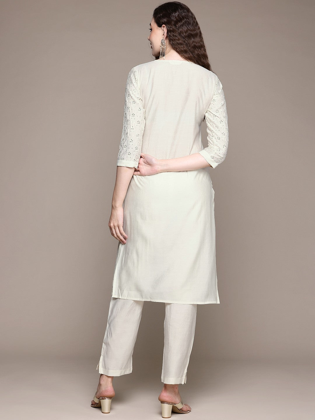 Straight Style Silk Fabric White Color Kurta With Bottom