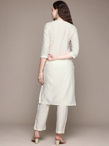 Straight Style Silk Fabric White Color Kurta With Bottom