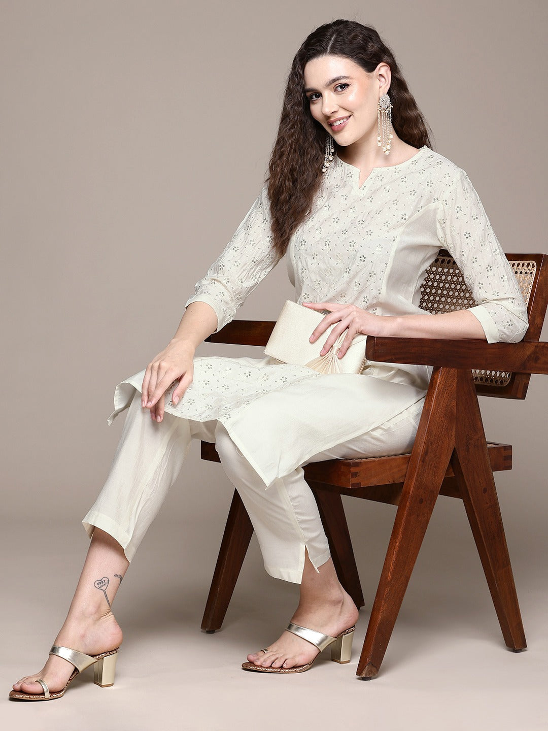 Straight Style Silk Fabric White Color Kurta With Bottom