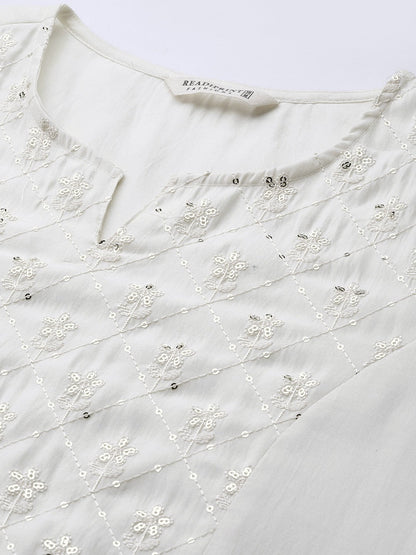 Straight Style Silk Fabric White Color Kurta With Bottom