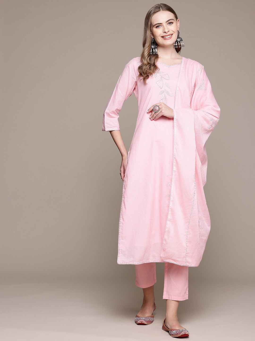 Straight Style Cotton Fabric Pink Color Kurta With Bottom And Dupatta