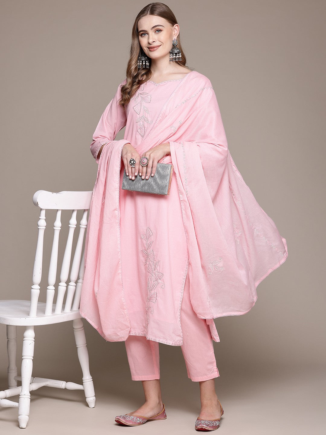 Straight Style Cotton Fabric Pink Color Kurta With Bottom And Dupatta