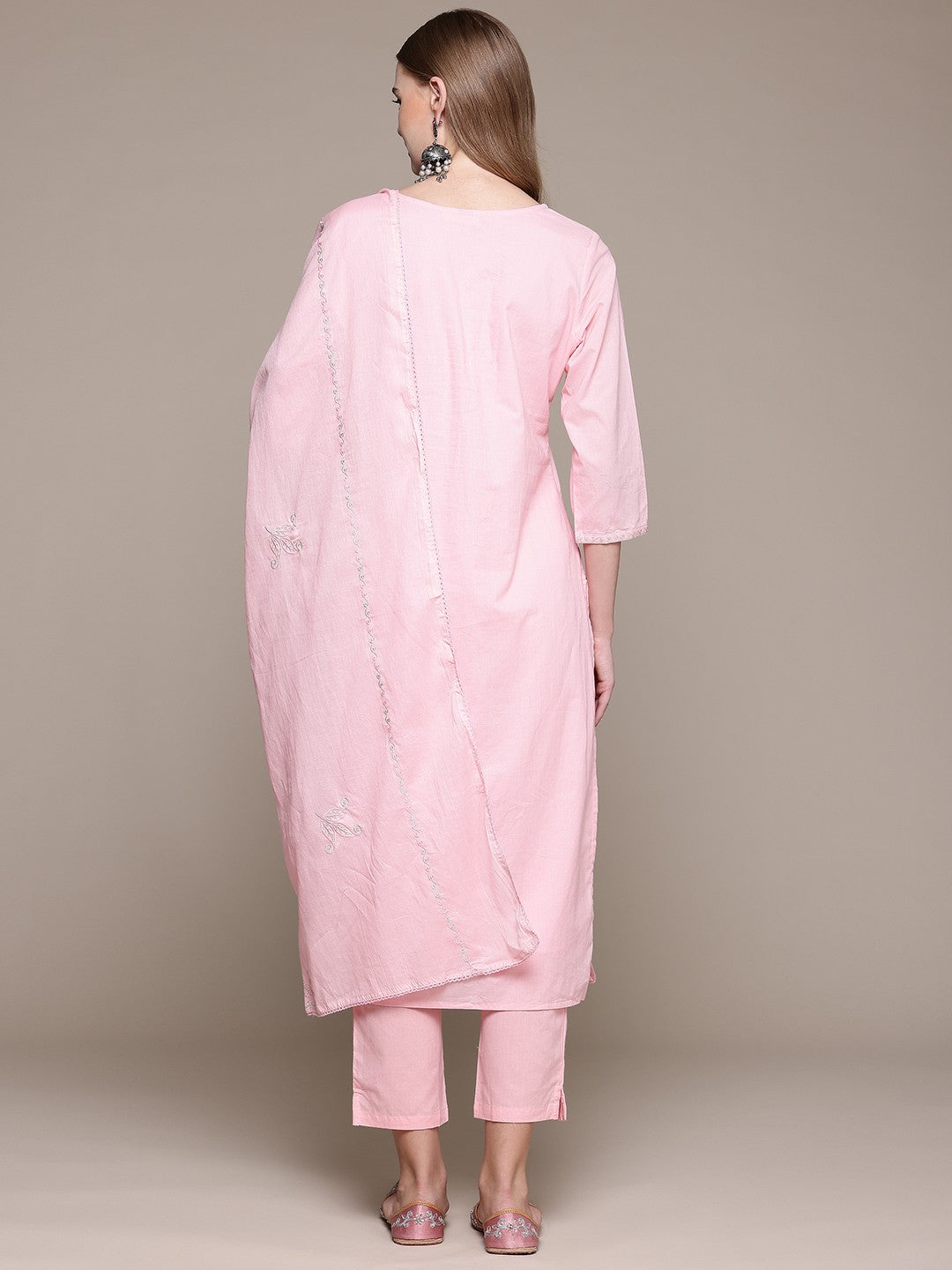 Straight Style Cotton Fabric Pink Color Kurta With Bottom And Dupatta