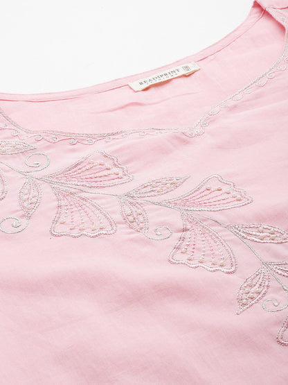 Straight Style Cotton Fabric Pink Color Kurta With Bottom And Dupatta