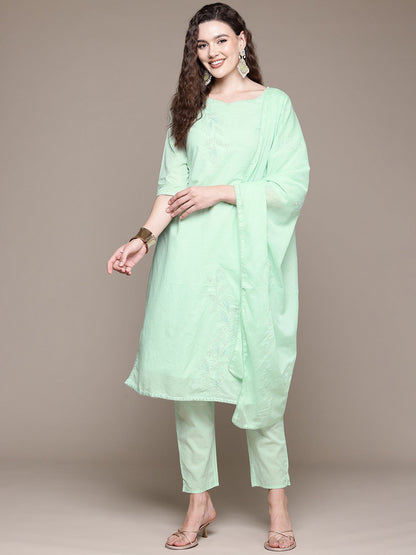 Straight Style Cotton Fabric Green Color Kurta With Bottom And Dupatta