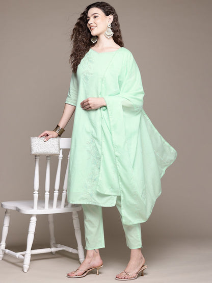 Straight Style Cotton Fabric Green Color Kurta With Bottom And Dupatta