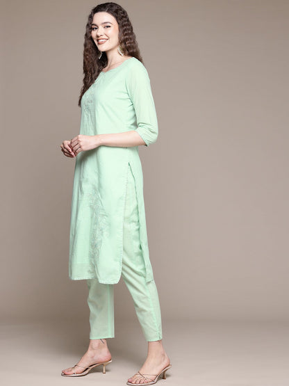 Straight Style Cotton Fabric Green Color Kurta With Bottom And Dupatta
